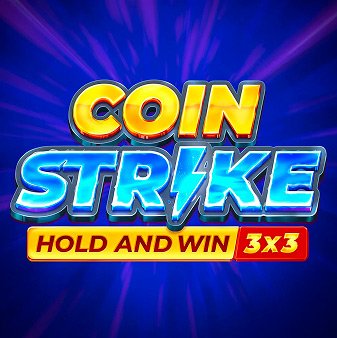 Logo coloré Coin Strike jaune et bleu sur fond bleu vif chez Winoui Casino